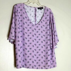 Eloquii short flutter sleeve blouse camera print lavender size 14 plus women’s